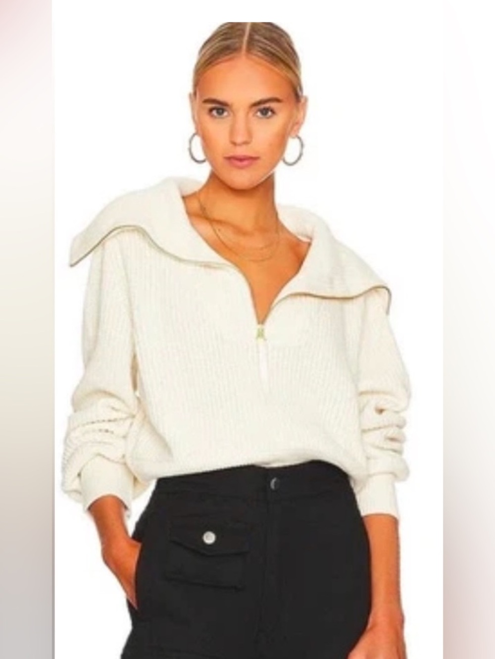 Varley Mentone Knit Pullover Sweater Egret Ivory 1/4 zip 1/2 Size Large